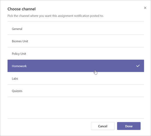 Choose the channel where you want this assignment notification to post to.