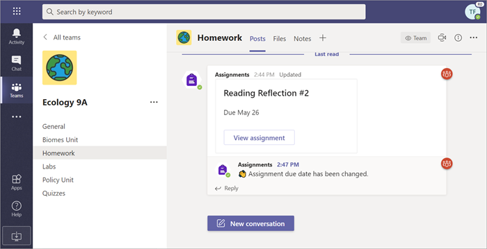 An assignment card in a channel.
