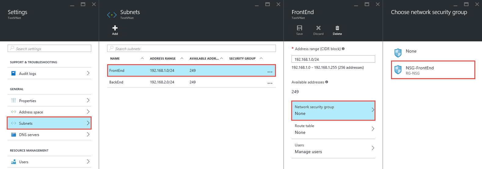 Azure portal - Subnet settings