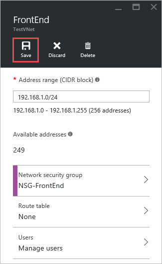 Azure portal - Subnet settings