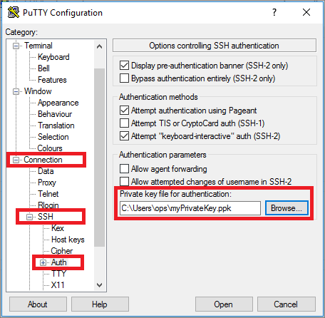 Select your PuTTY private key for authentication
