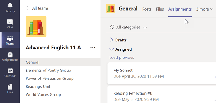 Select the Assignments tab in the General channel.