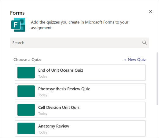 Select a quiz from Forms to add to your assignment