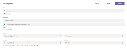 Settings for new quiz in Teams