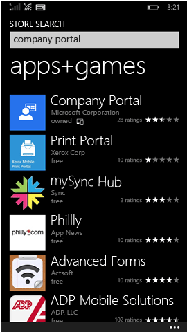 Company portal search results