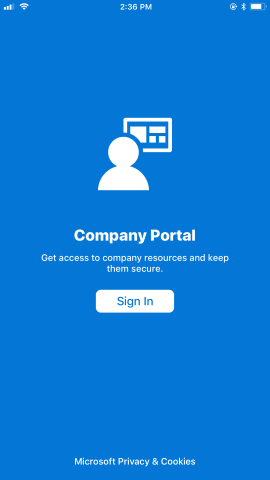 Company Portal sign in screen, with "Sign in" button on bottom.