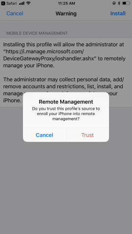 System prompt asking about trust on remote management.