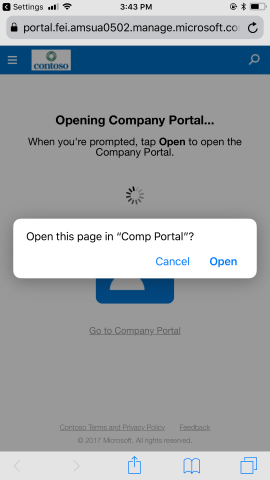 System prompt to open company portal.