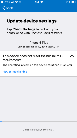 Confirming device settings loading screen