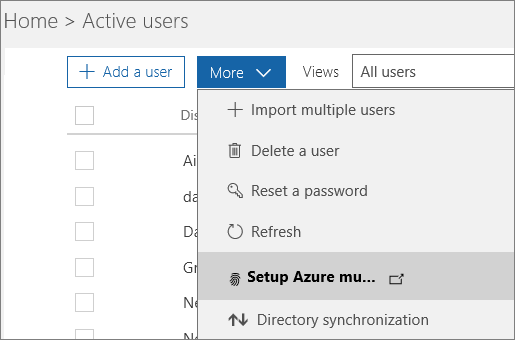 The More menu on the Active Users page, with Setup Azure multi-factor auth selected.